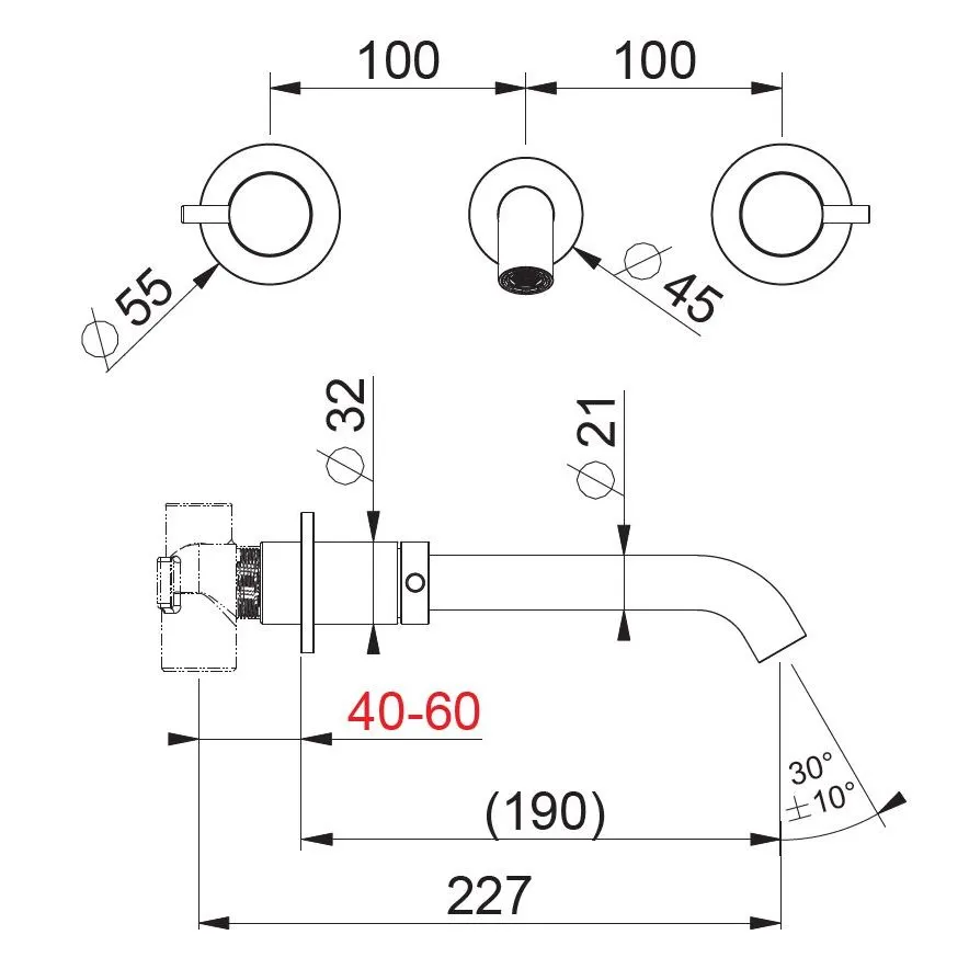 BEAMTECH TIMELESS MEZCLADOR MURAL DE LAVABO DE 3 ORIFICIOS CON CAÑO DE 19CM