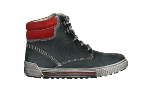 Bota Cordon Argollas Piel Azul Claro Cuello Nobuck Rojo