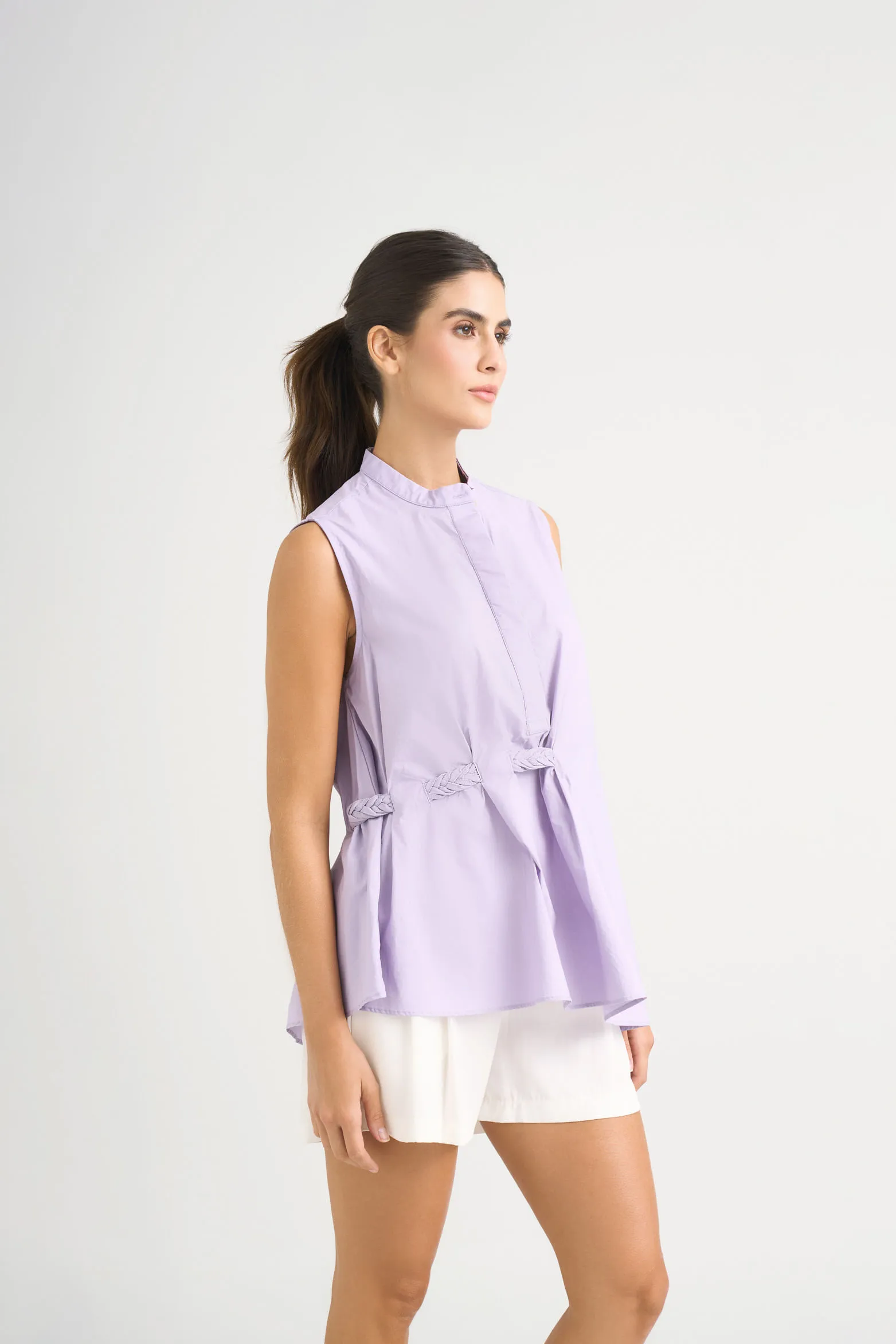 Camisa bolet en tejido plano para mujer detalle trenzado