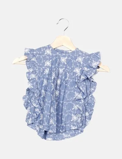 Mango Blusa azul bordado floral detalle troquelado