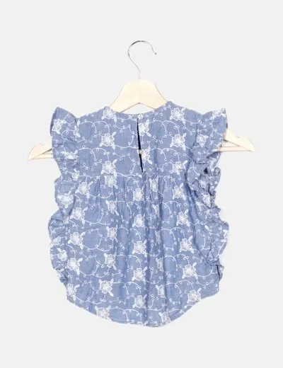 Mango Blusa azul bordado floral detalle troquelado