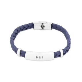 Pulsera  para hombres personalizada acero y cuero trenzado azul