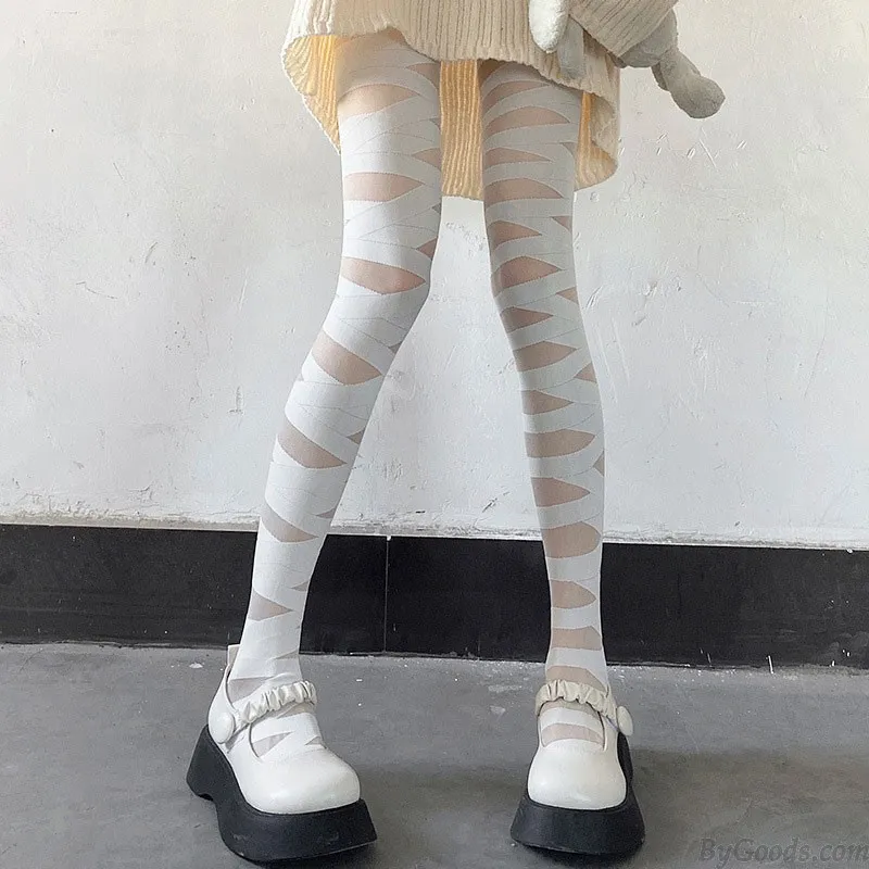 Sexy Lace Up Cross Bondage Mesh Sheer Ultra-Thin Tights Leggings Pantyhose Socks Anti-slip Elastic Women's Stocking Thigh High J