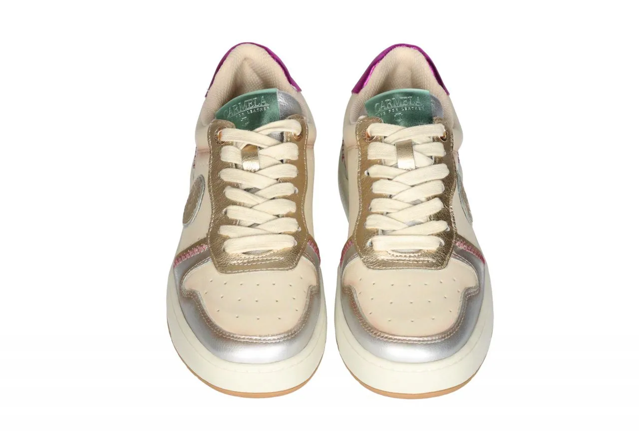 Sneaker Piel Beige Pala Picados Talon Fucsia y Verde Metalizado