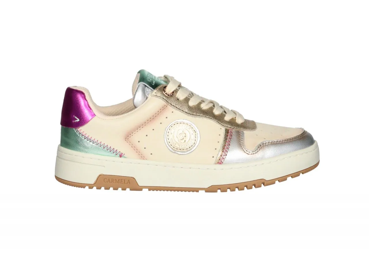 Sneaker Piel Beige Pala Picados Talon Fucsia y Verde Metalizado