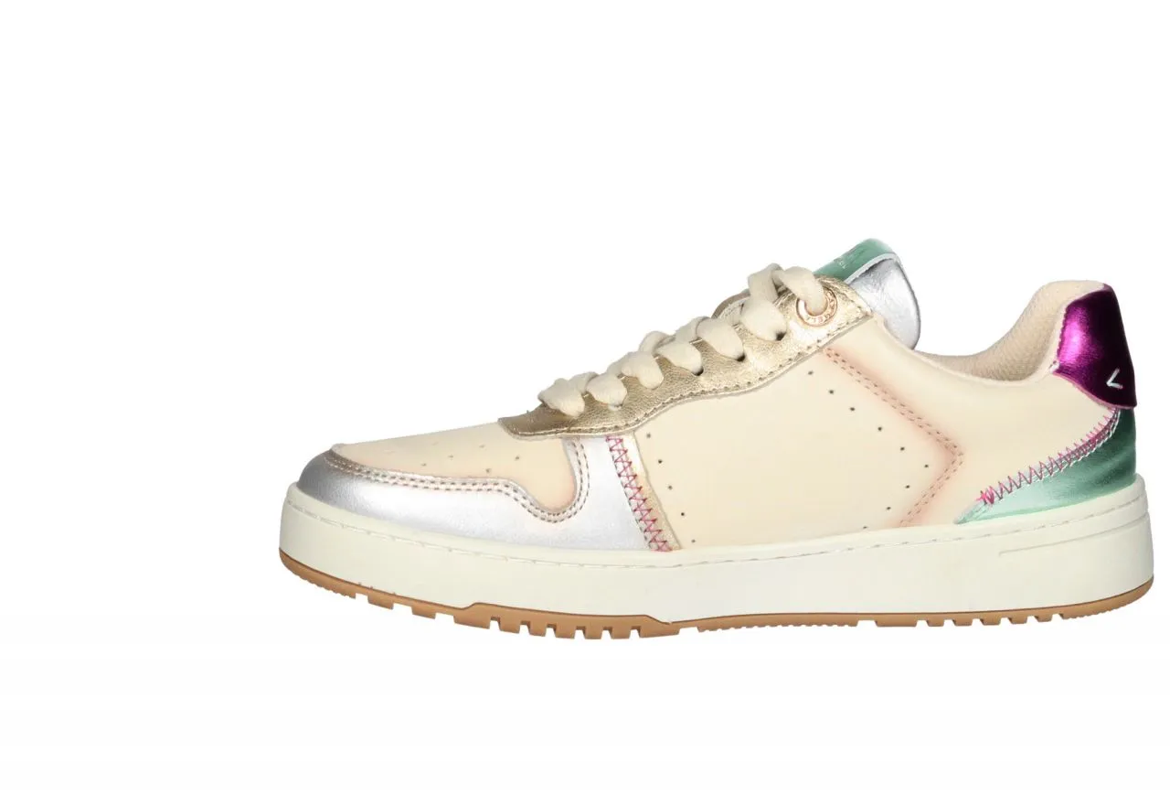 Sneaker Piel Beige Pala Picados Talon Fucsia y Verde Metalizado