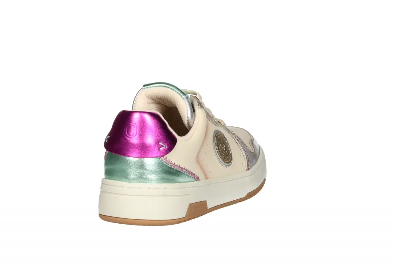 Sneaker Piel Beige Pala Picados Talon Fucsia y Verde Metalizado