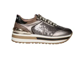 Sneaker Piel Bronce Laterales Lentejuelas Pieza Talon Dorado