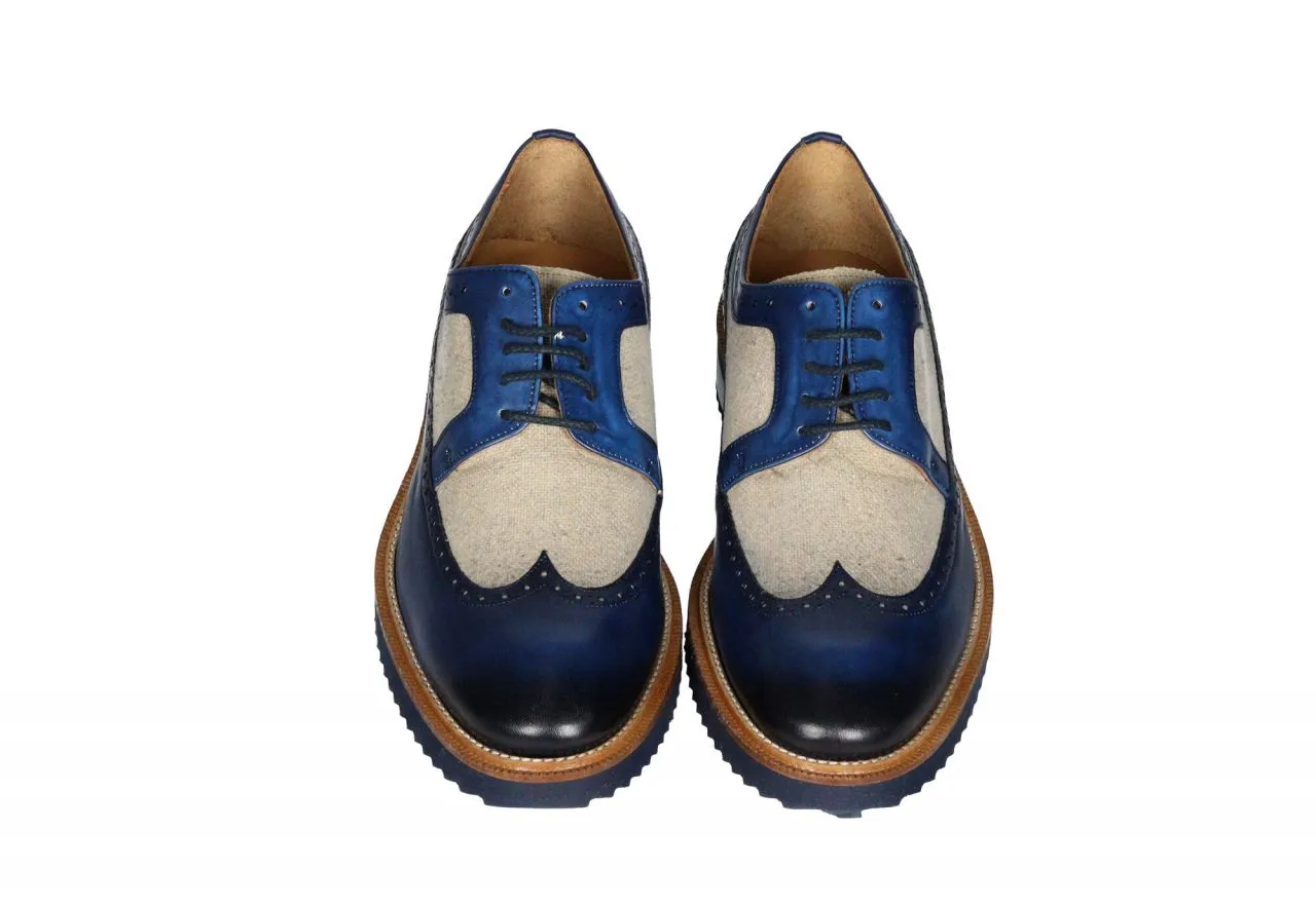 Zapato Cordon Piel Azul y Tejido Beig Pala Vega Cerco Natural