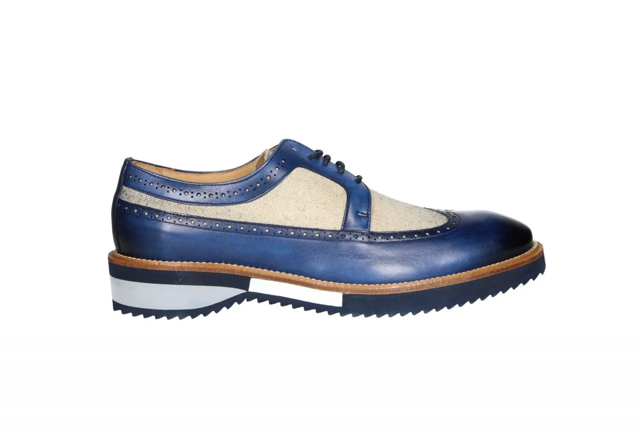 Zapato Cordon Piel Azul y Tejido Beig Pala Vega Cerco Natural