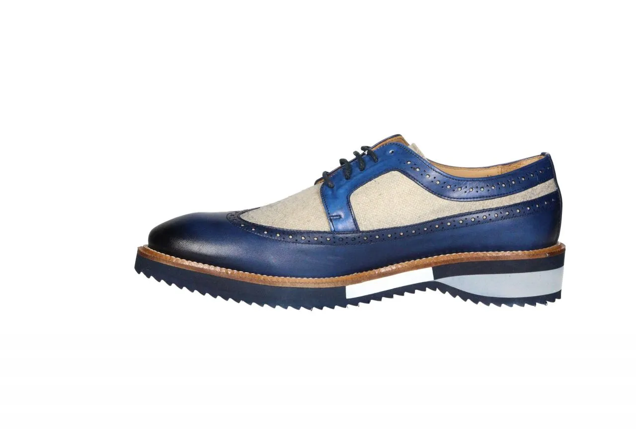 Zapato Cordon Piel Azul y Tejido Beig Pala Vega Cerco Natural